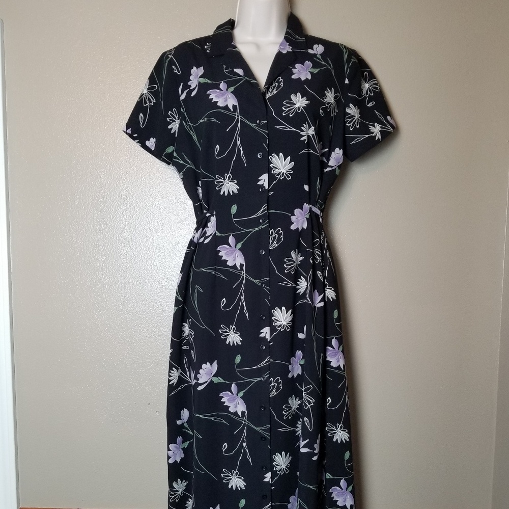 Vintage Black and Purple Floral Print Summer Dress